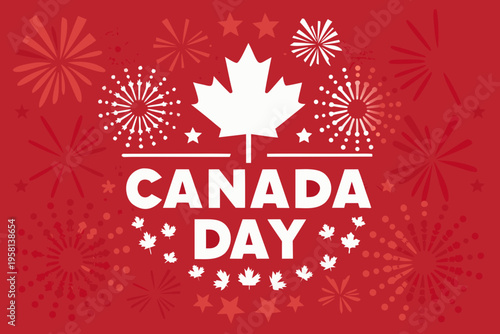 A festive canada day graphic with fireworks and a maple leaf