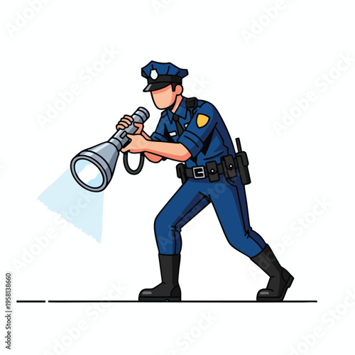 Cartoon policeman with flashlight on duty