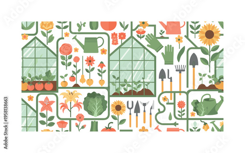glasshouse garden seamless pattern, greenhouse panes, flowers, vegetable seedlings, watering cans, gloves and tools arranged in a repeating pattern, white