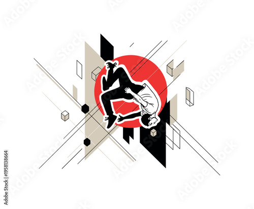 parkour athlete doing a backflip between abstract urban blocks, black and white cut-out figure with white contour outline, bold red circle behind the athlete,