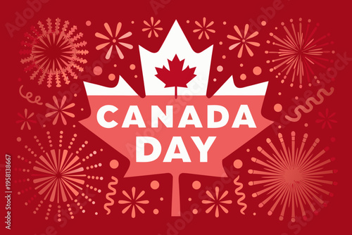 A vibrant illustration celebrating canada day with fireworks and a maple leaf