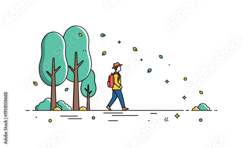 Relaxing solo park walk figure strolling under tall trees while small falling leaves drift gently through the sunlight. The composition expresses calm solitude