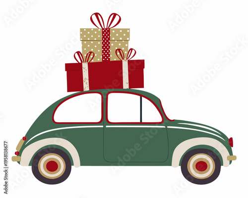 A vintage green car transports a stack of cheerfully wrapped gifts