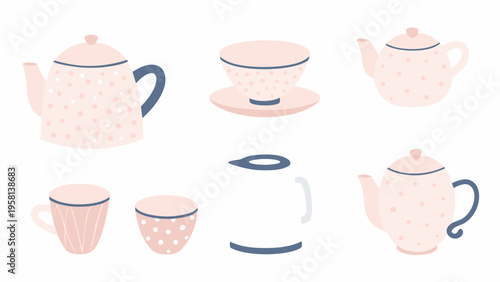 A collection of pastel pink and white polka dot teaware items