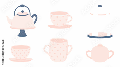 Pastel tea set illustration featuring a teapot cups and saucers
