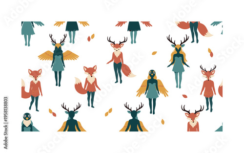 Forest spirit human animal hybrid seamless pattern, magical creatures with human silhouettes deer antlers fox tails and bird wings arranged in a repeating