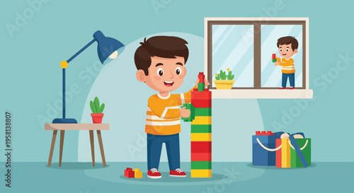 Young Boy Building with Colorful Blocks.