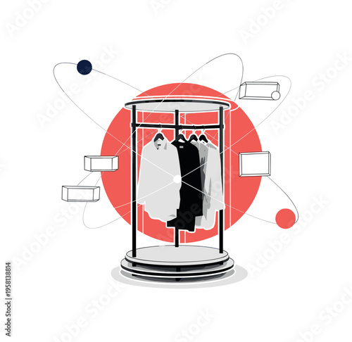 minimalist wardrobe system with a black and white rotating clothing rack displaying a few curated garments, white cut-out outline effect around the rack, bold