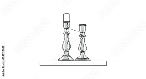 Metallic Candle Holders. Minimalistic one-line drawing pair of elegant candle holders with metallic finish placed on a shelf, continuous single black line on
