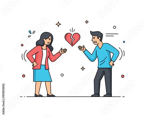 Soap opera romantic confrontation two stylish characters arguing beside a small heart symbol split in half, expressive gestures and motion lines highlighting