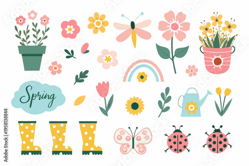 Charming floral and spring themed illustration with butterflies boots and rainbows