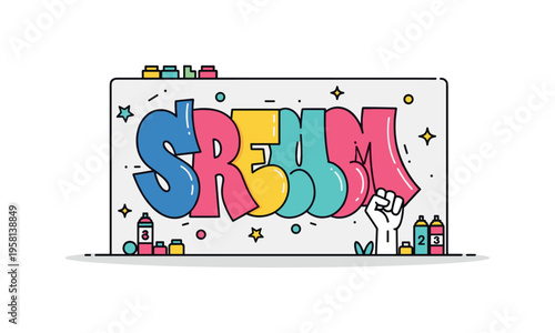 Street art protest mural wall with bold spray paint shapes and a small raised fist symbol expressing rebellion and public expression in urban space. The scene