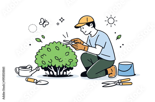 Garden shrub care. A person gently trimming or watering a shrub, focused yet relaxed gardening routine. Calm interaction with nature, simple tools nearby.