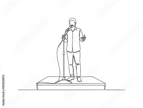 Open Mic Poetry. Minimalistic one-line drawing poet speaking at an open mic setup with small stage, continuous single black line on white background, simple