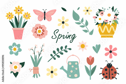 A colorful spring illustration featuring flowers a butterfly and ladybug