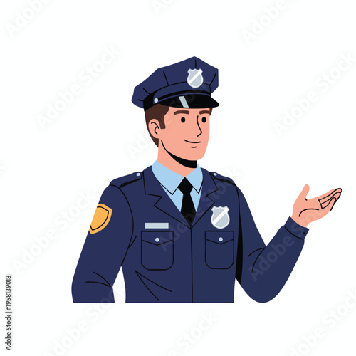 Smiling man in uniform with badge and outstretched hand