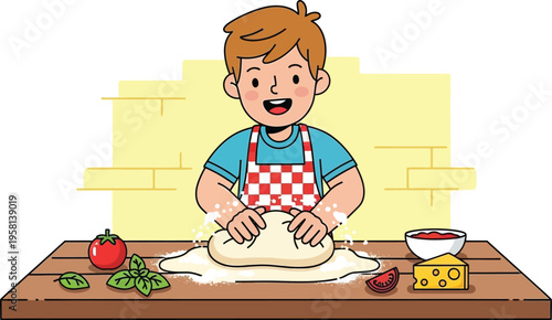 Young Boy Making Pizza Dough Smiling.