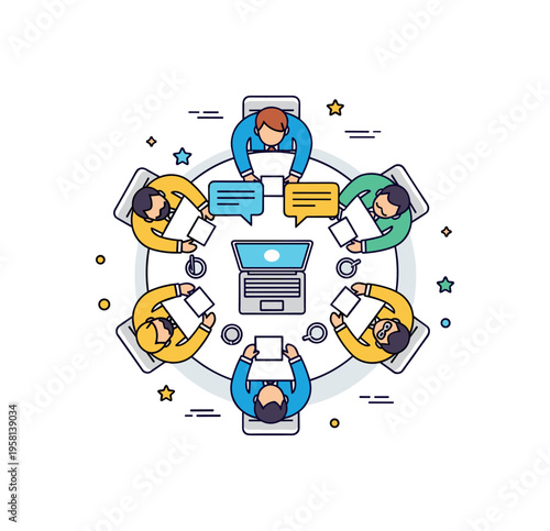 Team meeting around conference table small group of colleagues seated around a round table with a central laptop and subtle speech bubbles above, expressing