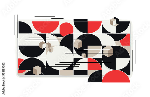 retro geometric vector pattern using black and white circular segments arranged like rotating modules, shapes cut out with white contour outline effect, bold