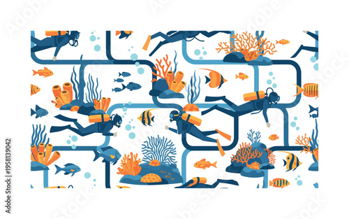 Scuba diving tropical destination seamless pattern, scuba divers oxygen tanks coral reefs fish and bubbles arranged in a repeating pattern, white background