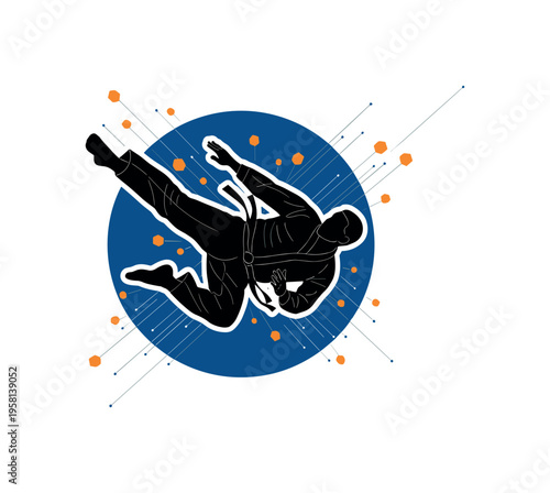 martial artist executing a powerful backflip kick, black and white cut-out body with white contour outline, bold blue circle planet-like shape behind the