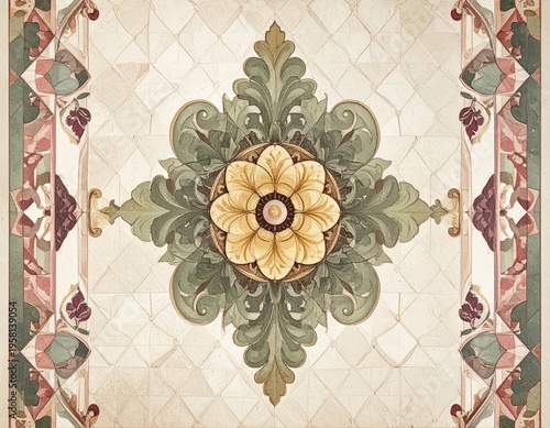 Floral mosaic. Center rosette with ornate border. Detailed