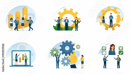 Business teamwork and process concepts illustrated with diverse people