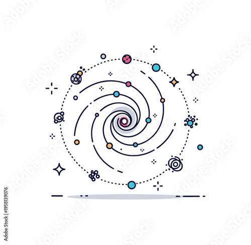 Dark matter and galaxies spiral galaxy surrounded by dotted halo lines and small particle icons symbolizing the invisible dark matter shaping