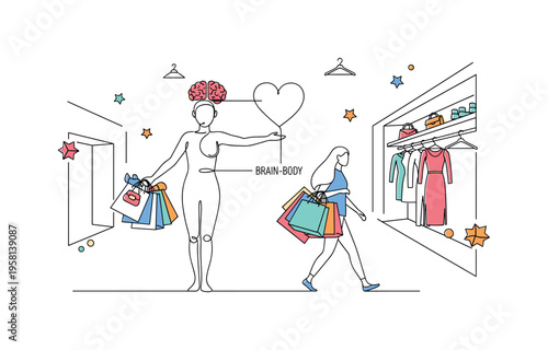 Holistic Health Brain-Body. Minimalistic one-line drawing human figure in balanced pose with brain and heart connected by simple lines showing integrated