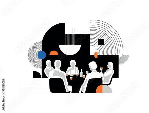people sitting around table with drinks abstract semicircles lines and geometric blocks symbolizing social gathering black and white retro human silhouettes