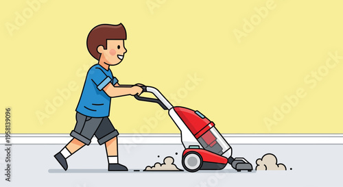Young Boy Mowing Lawn with Toy Mower.