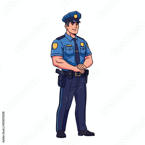 A uniformed man stands confidently, hands clasped, in a law enforcement officer's attire