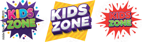Kids zone logo set with colorful comic style text and explosion shapes isolated on light background for children entertainment branding and playful design