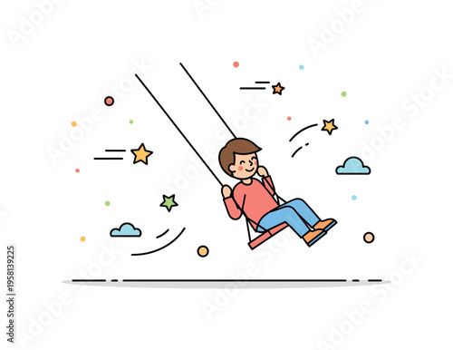 Happy playground swing ride a child swinging joyfully while small motion stars and curved lines show playful movement through the air. Lighthearted visual