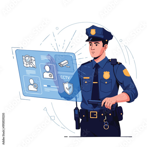 Officer interacts with a futuristic holographic interface displaying security icons
