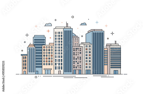 Modern city towers sleek high-rise buildings standing side by side with simple geometric facades and repeating windows, expressing the energy and density of a