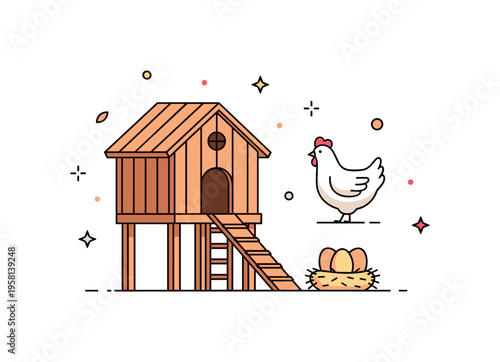 Backyard chicken house small wooden coop with a ladder ramp and a hen perched nearby while eggs sit inside a cozy nest. Warm farmyard concept symbolizing