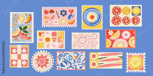Colorful collection of illustrated postage stamps featuring fruit and floral designs