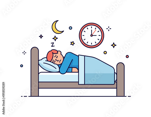 A restless figure lying in bed with head under the pillow while a clock ticks nearby, emphasizing insomnia, fatigue, and nighttime frustration. Minimalist flat