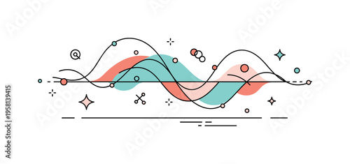Quantum wave inspiration flowing wave pattern transforming into abstract artistic shapes while small particle icons float around the composition. The scene