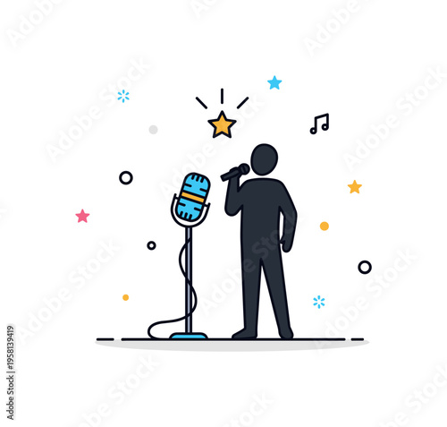 Vocal talent audition illustrated by a singer silhouette standing beside a microphone while a small star symbol appears above the stage. Inspirational music