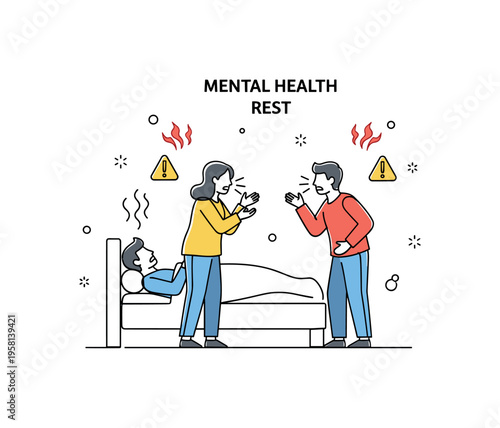 Mental Health Rest. Minimalistic one-line drawing person lying in bed with gentle breathing lines above representing restorative sleep and mental clarity,