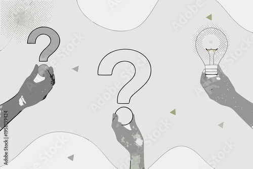 Hands reaching for ideas questions and a glowing lightbulb concept