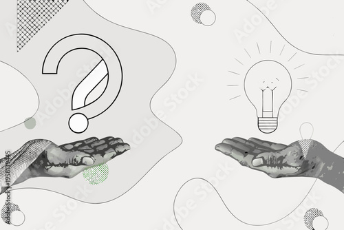 Hands offering a question mark and an illuminated lightbulb concept