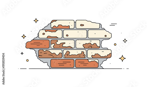 Peeling paint brick wall weathered bricks partially covered with faded paint flakes revealing the original texture underneath. Gentle urban metaphor of change,