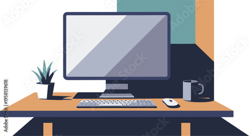 Desk Setup with Monitor Keyboard and Coffee Mug on Wall MountModern Workspace Vector