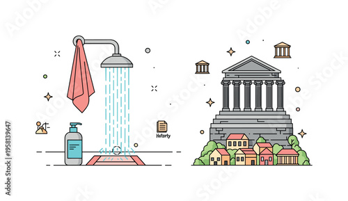 Refreshing morning shower showing flowing water hitting a minimal floor mat with a small bottle of body wash and a hanging towel nearby, communicating hygiene,