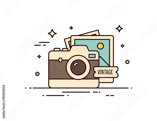 Sepia tone vintage photo aesthetic centered on a small camera icon with soft faded color accents and a tiny label reading ?Vintage?. The scene evokes nostalgic