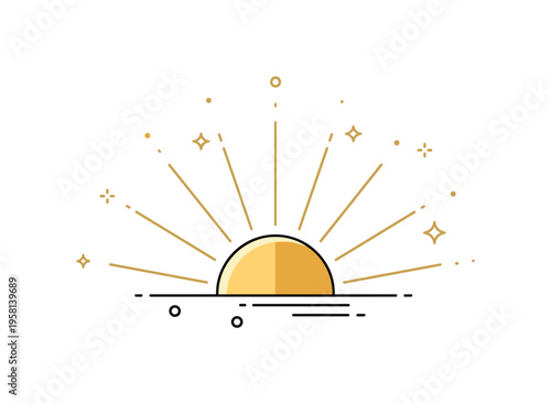 Golden sunrise scene centered on a sun half visible above a simple horizon line while delicate rays spread upward into the sky. The illustration captures the
