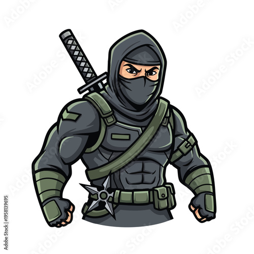 Muscular warrior in dark gear with sword, shuriken, and mask